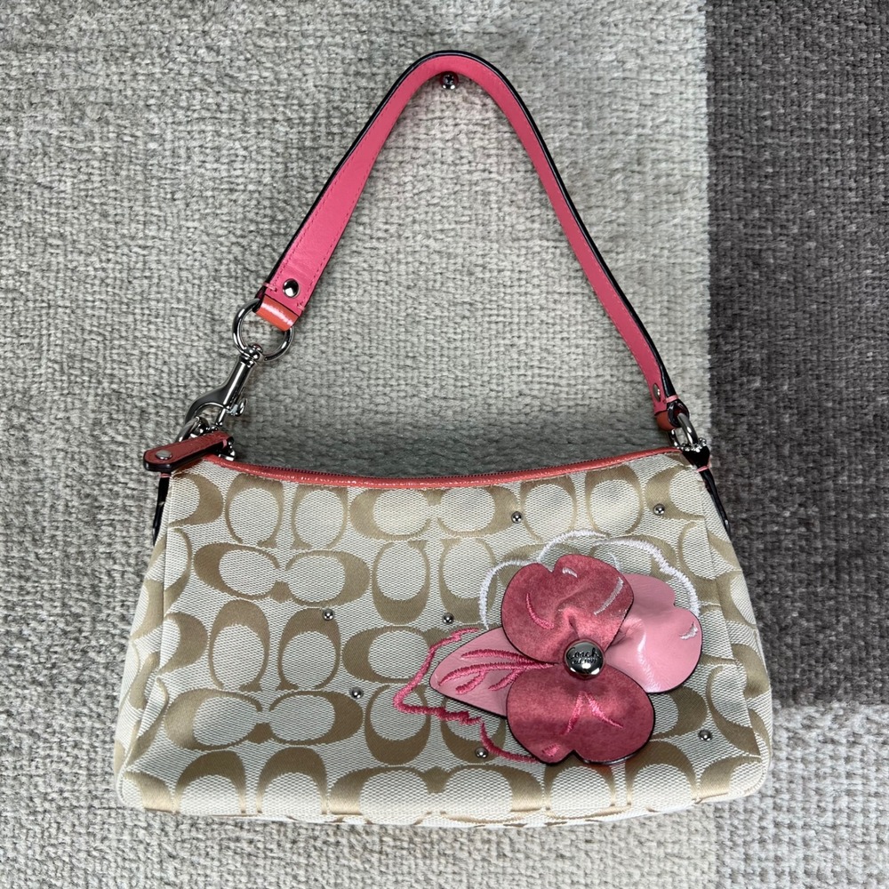 Y2K Coach Biege Signature Canvas Mini Shoulder Bag w/ Pink Floral Applique